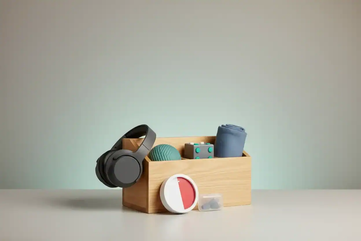 Open sensory-friendly workplace kit with headphones, fidget tools, visual timer, and weighted lap pad on a neutral background.