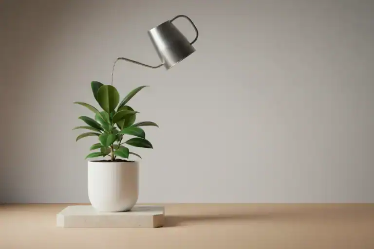 Steel watering can pours onto a thriving potted plant on a neutral backdrop, symbolizing nurturing employee growth and retention.