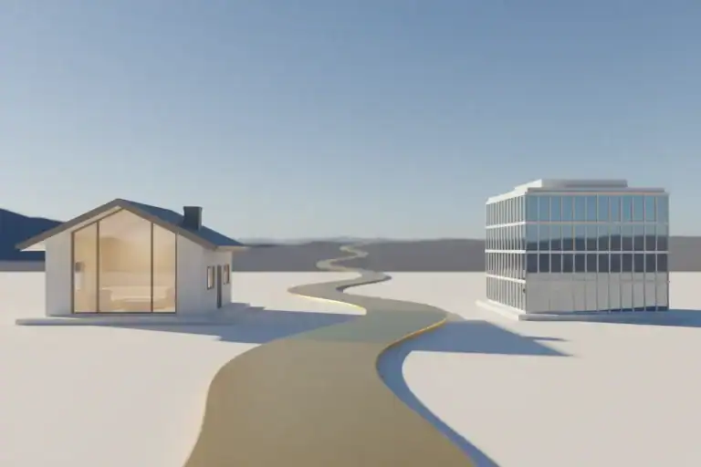 Golden path connecting a modern home and office, symbolizing workplace flexibility for job seekers.