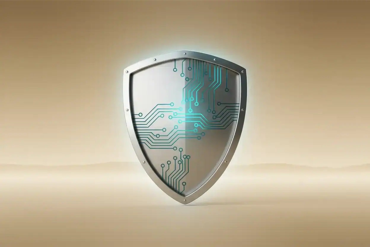 Metallic cybersecurity shield with subtle circuit details against a warm neutral background