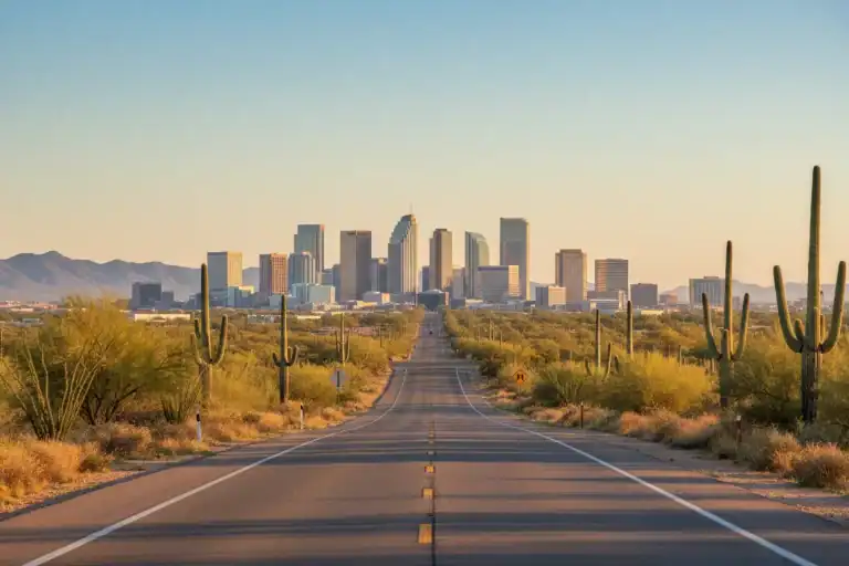 Sunlit desert road leading toward a modern Arizona skyline beneath distant mountains.