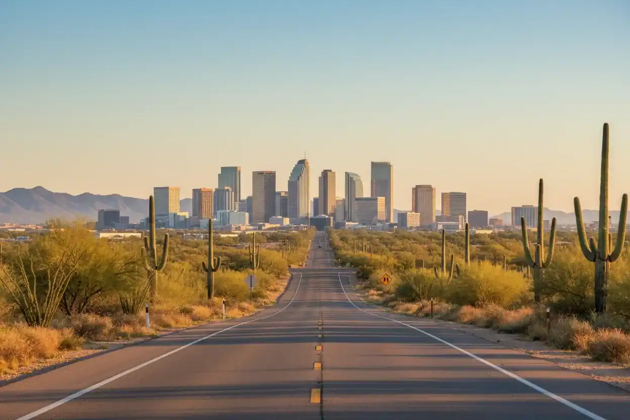 Sunlit desert road leading toward a modern Arizona skyline beneath distant mountains.