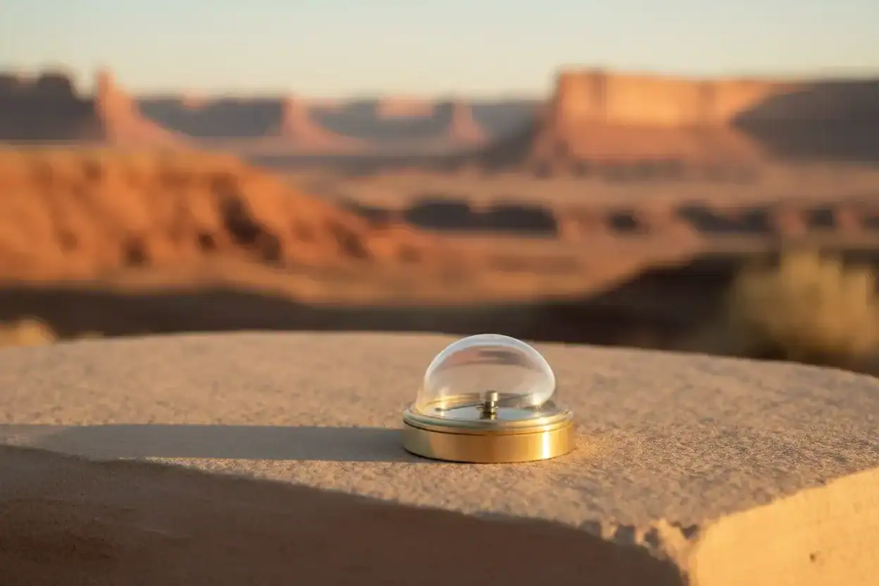 Brass compass on sandstone with a softly blurred Arizona desert landscape, symbolizing direction in a job search.
