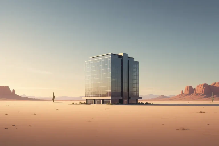 Modern office building in an open Arizona desert landscape, symbolizing affordable professional growth.