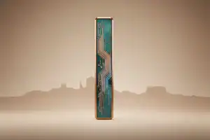 Copper-and-teal microchip resembling a desert monolith against a soft Arizona-inspired landscape, symbolizing future-ready technology skills.