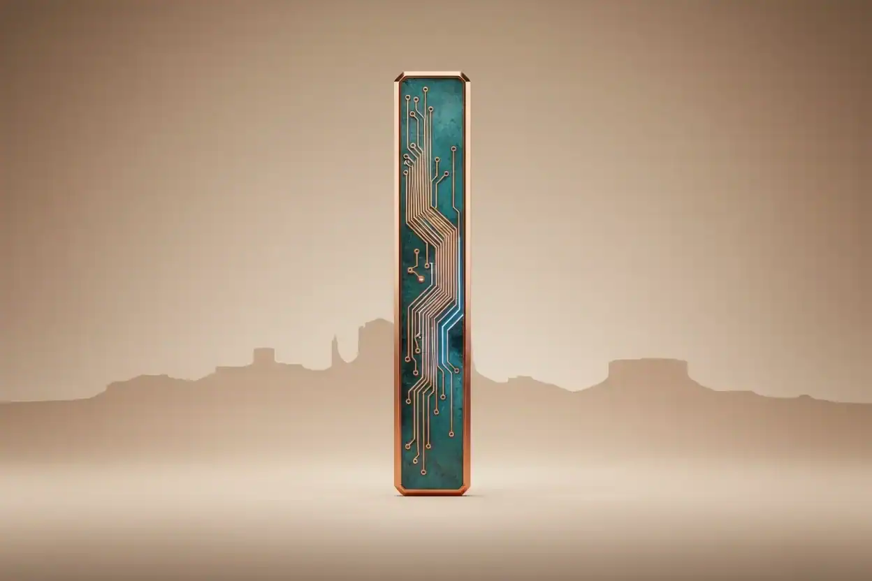 Copper-and-teal microchip resembling a desert monolith against a soft Arizona-inspired landscape, symbolizing future-ready technology skills.