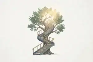 A growing tree shaped around an ascending staircase, symbolizing a clear path for long-term career growth.