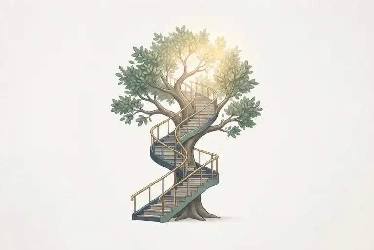 A growing tree shaped around an ascending staircase, symbolizing a clear path for long-term career growth.