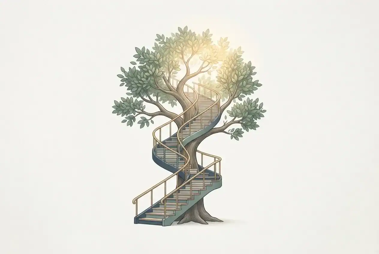 A growing tree shaped around an ascending staircase, symbolizing a clear path for long-term career growth.