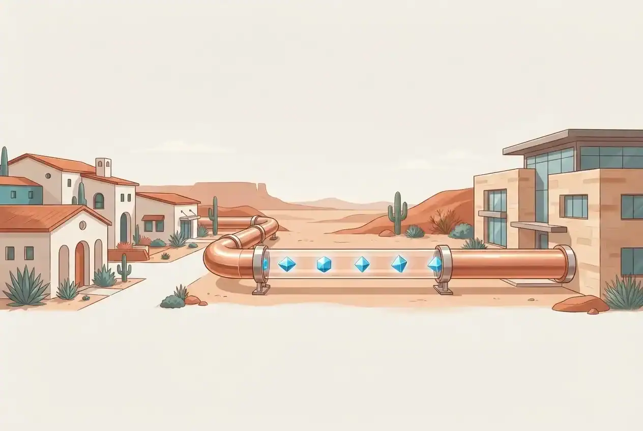Illustration of a training campus connected to an Arizona workplace by a glowing candidate pipeline.