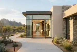 Open modern office entrance with a sunlit path in an Arizona desert landscape, symbolizing a welcoming employer experience