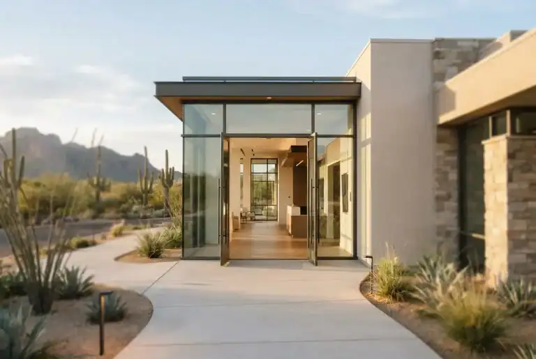 Open modern office entrance with a sunlit path in an Arizona desert landscape, symbolizing a welcoming employer experience