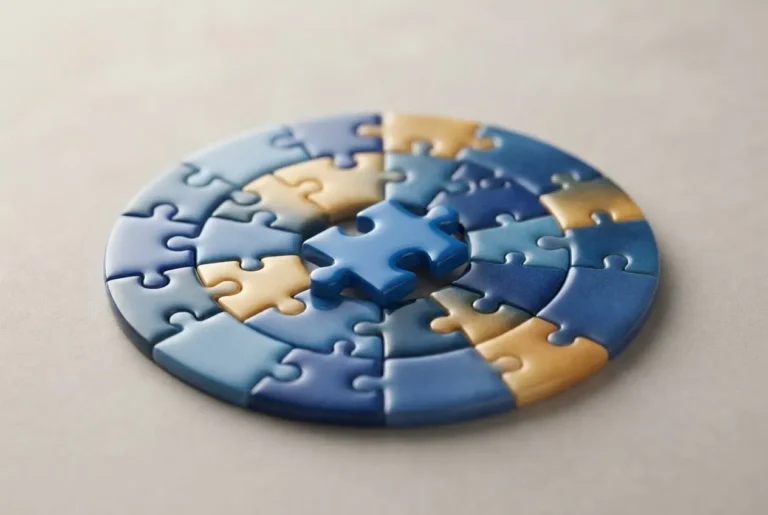 A blue puzzle piece fitting perfectly into a softly illuminated organizational structure.